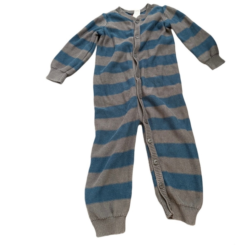 Tea Collection Blue Gray Striped 100% Cotton Button Sleeper Size 18-24 Months